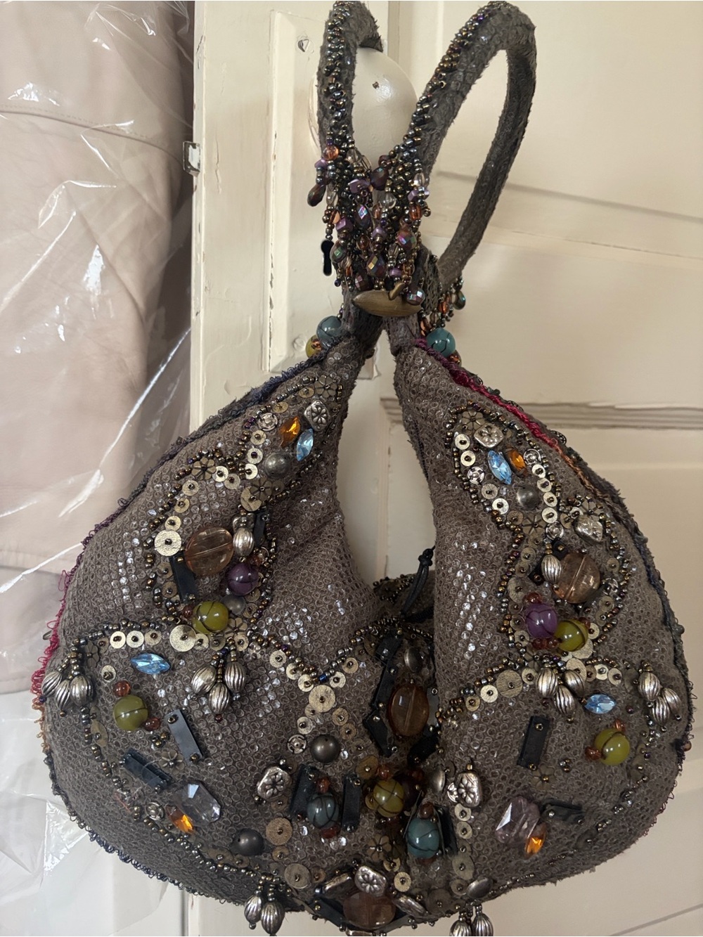 Mary Frances Gray Beaded Hobo Bag with Multicolor Gem Accents